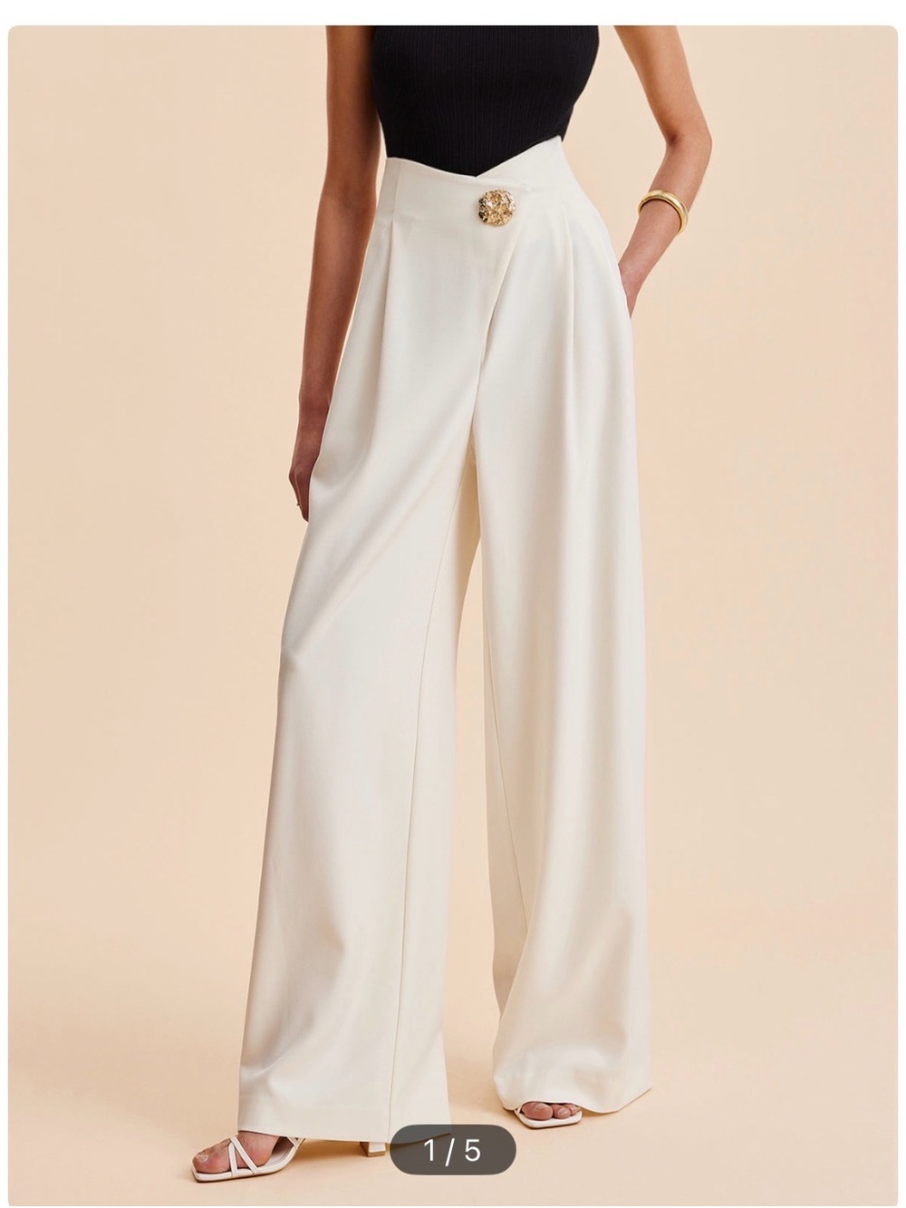 Commense Cream Wide-Leg Pleated Trousers with Gold Medallion